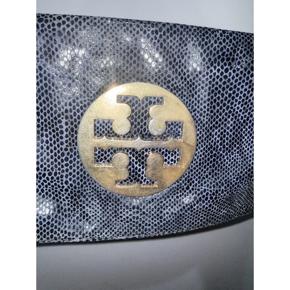 Tory Burch Reva Clutch Blue Leather‎ Snakeskin Print Chain Handbag Bag L